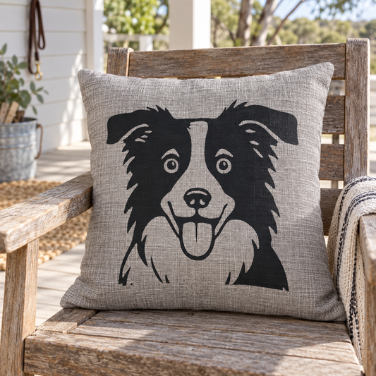 Grey Border Collie cushion cover with black dog design on a rustic timber chair