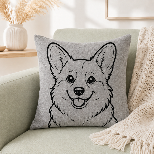 Corgi dog breed outline on grey linen cushion cover on beige sofa