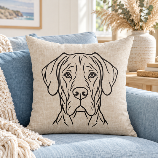 Great Dane cushion cover with black line-art portrait on natural linen-look fabric, styled on a light blue sofa in a bright coastal living room.