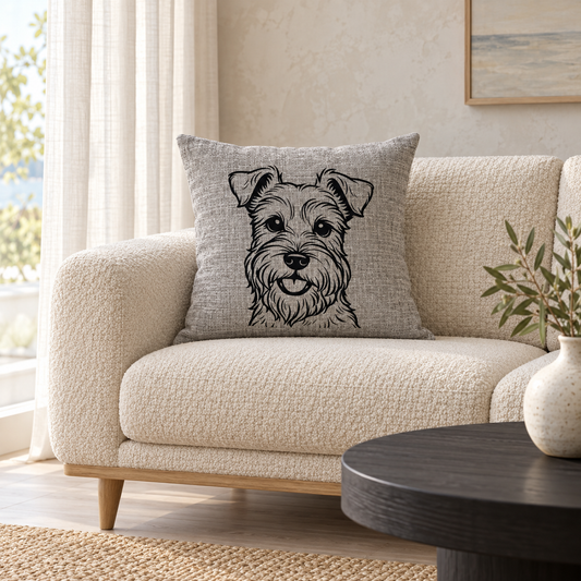 Schnauzer dog cushion in grey linen look colour styled on a sofa in a bright living room.