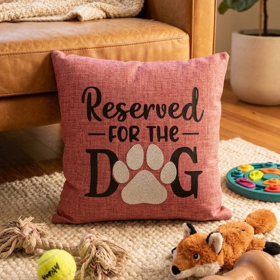 Close up of pink cushion cover product image on living room floor Reserved for the Dog printed - gift in Australia made by Rieko's World.