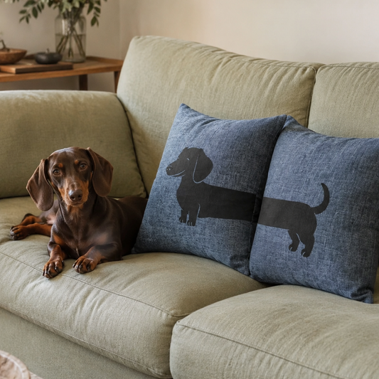 Dachshund dog laying on light green sofa next to Rieko's World daschund breed cushions