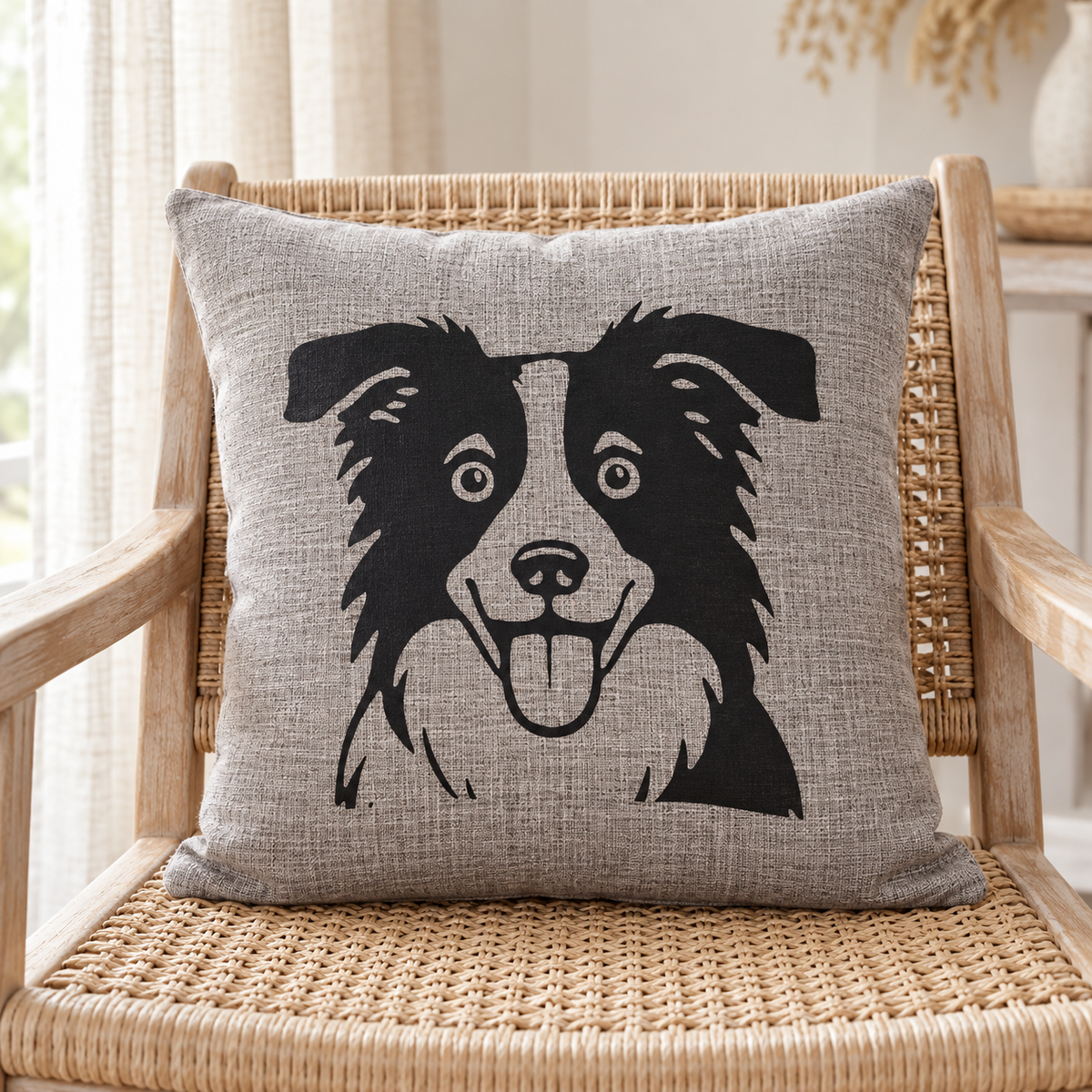 Border Collie cushion cover in grey styled on rattan chair