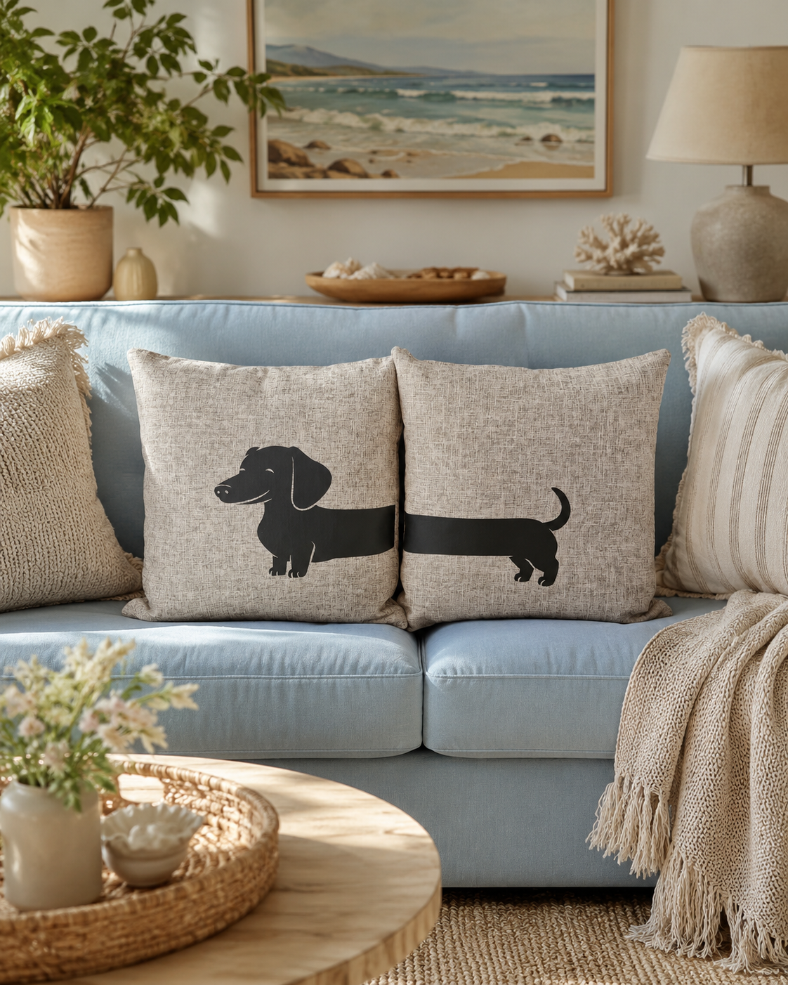 Light grey sausage dog split cushion cover set on blue sofa — dachshund lover gift Australia by Rieko's World