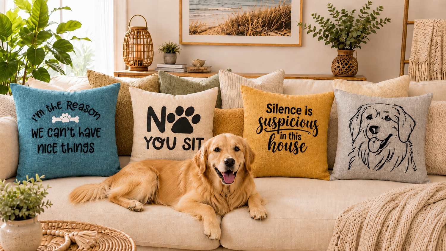 Golden Retriever on neutral boho sofa with funny dog quote cushion covers and Golden Retriever breed cushion