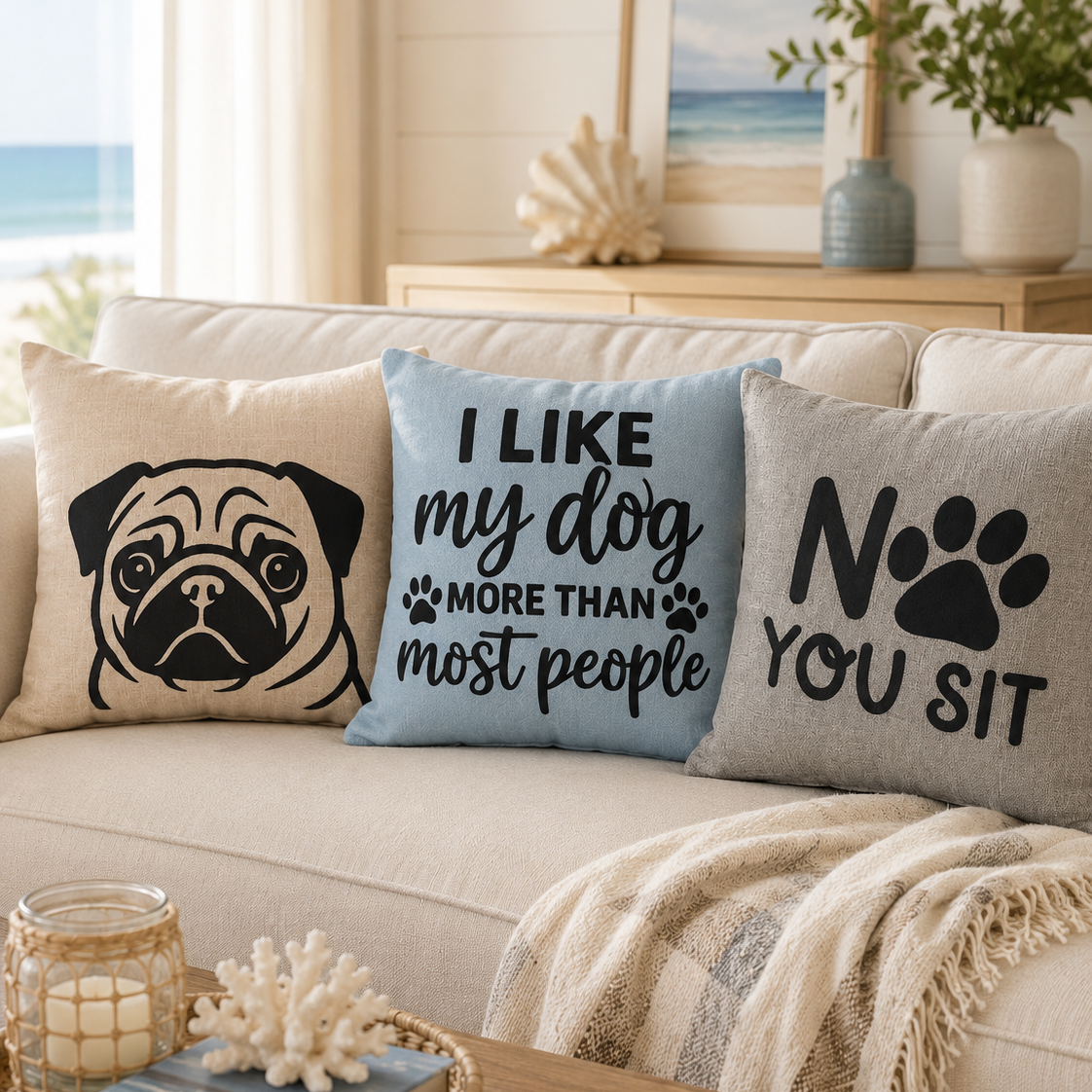 Decorative pillows with humorous sayings on a couch in a living room setting.