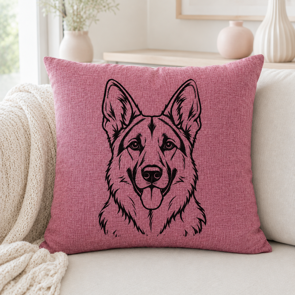 German Shepherd cushion cover in pink. A square pink throw pillow with a black line art illustration of a German Shepherd dog, resting on a light beige sofa with a cream knit blanket.