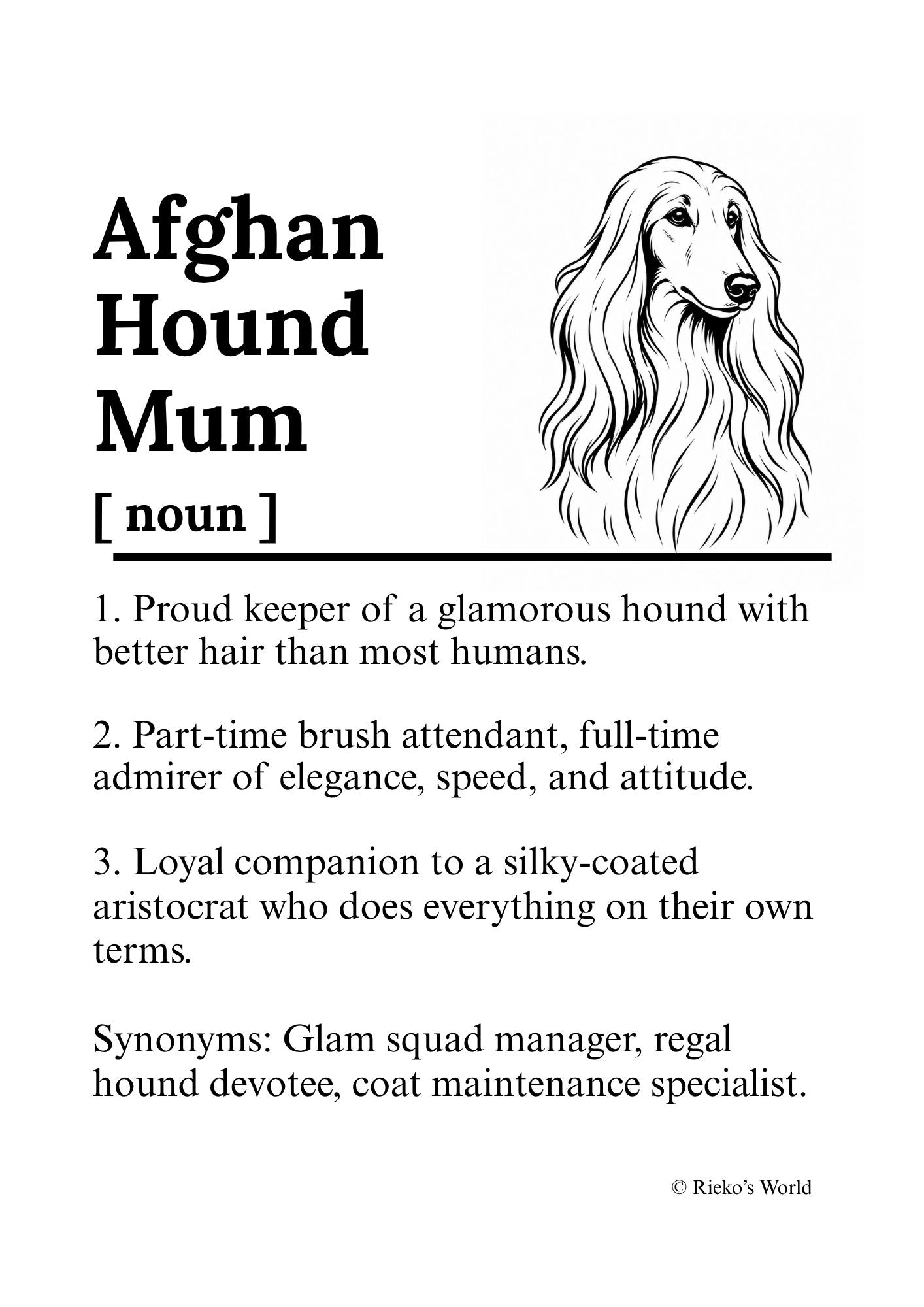 Afghan Hound Dog Mum Definition print, digital download wall art for dog mums Australia | Rieko's World