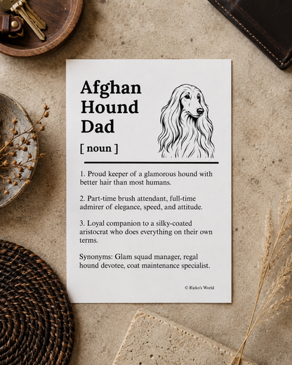 Afghan Hound Dog Dad Dog Mum Definition print, digital download wall art for dog mums and dog dads Australia | Rieko's World