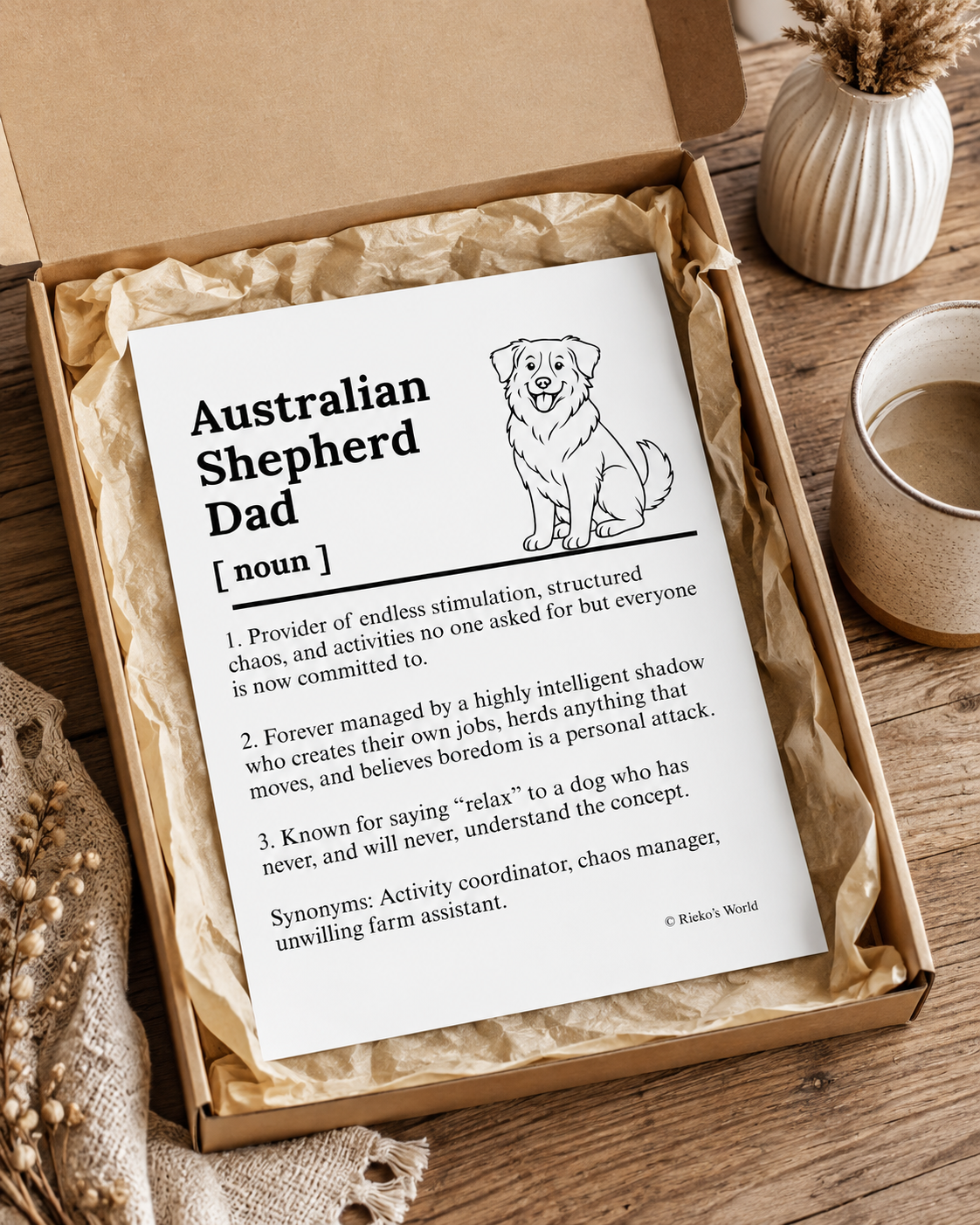Aussie Shepherd Dog Dad Dog Mum Definition print, digital download wall art for dog mums and dog dads Australia | Rieko's World