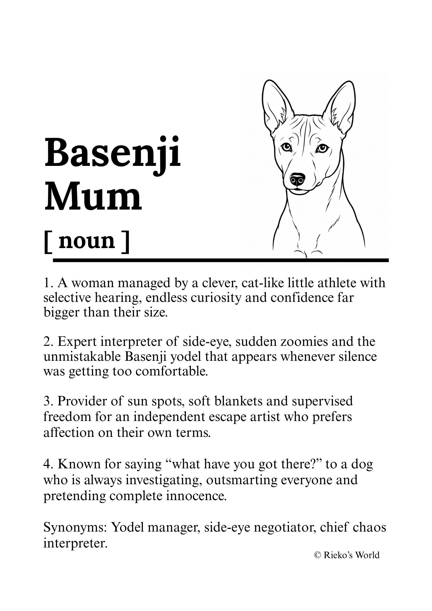 Basenji Dog Mum Definition print, digital download wall art for dog mums Australia | Rieko's World