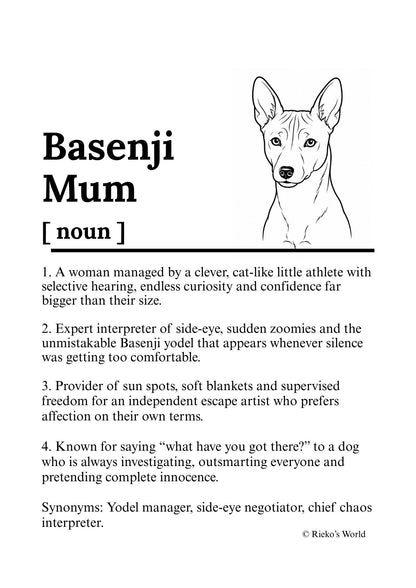 Basenji Dog Mum Definition print, digital download wall art for dog mums Australia | Rieko's World
