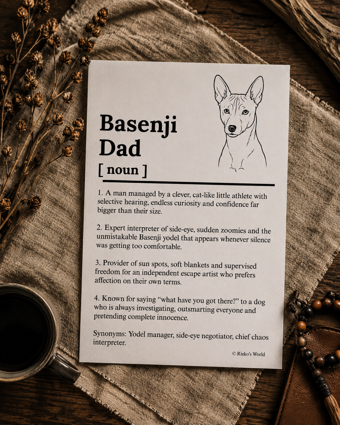 Basenji Dog Dad Dog Mum Definition print, digital download wall art for dog mums and dog dads Australia | Rieko's World