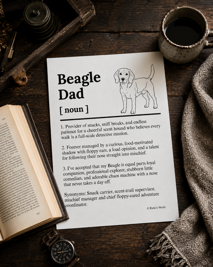 Beagle Dog Dad Dog Mum Definition print, digital download wall art for dog mums and dog dads Australia | Rieko's World