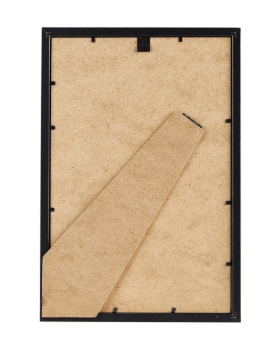 The back view of a black frame with wood back and kick stand