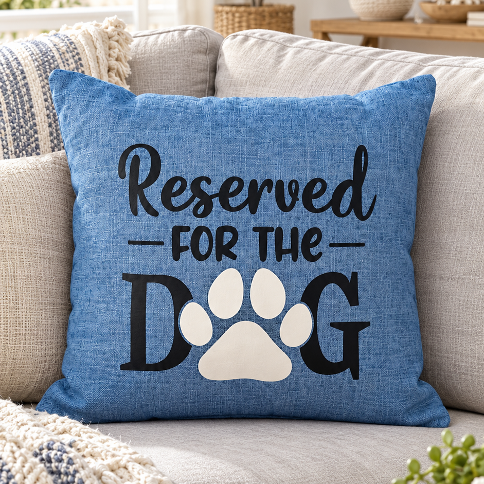 Blue reserved for the dog cushion funny quote on light grey sofa in bright room.