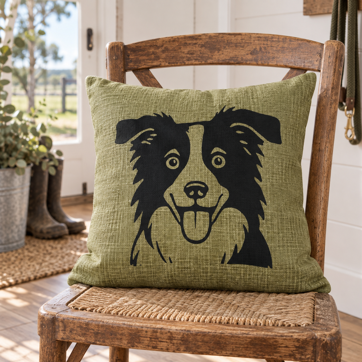 Green Border Collie cushion cover displayed on a timber chair in a country-style home