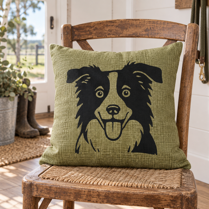 Green Border Collie cushion cover displayed on a timber chair in a country-style home