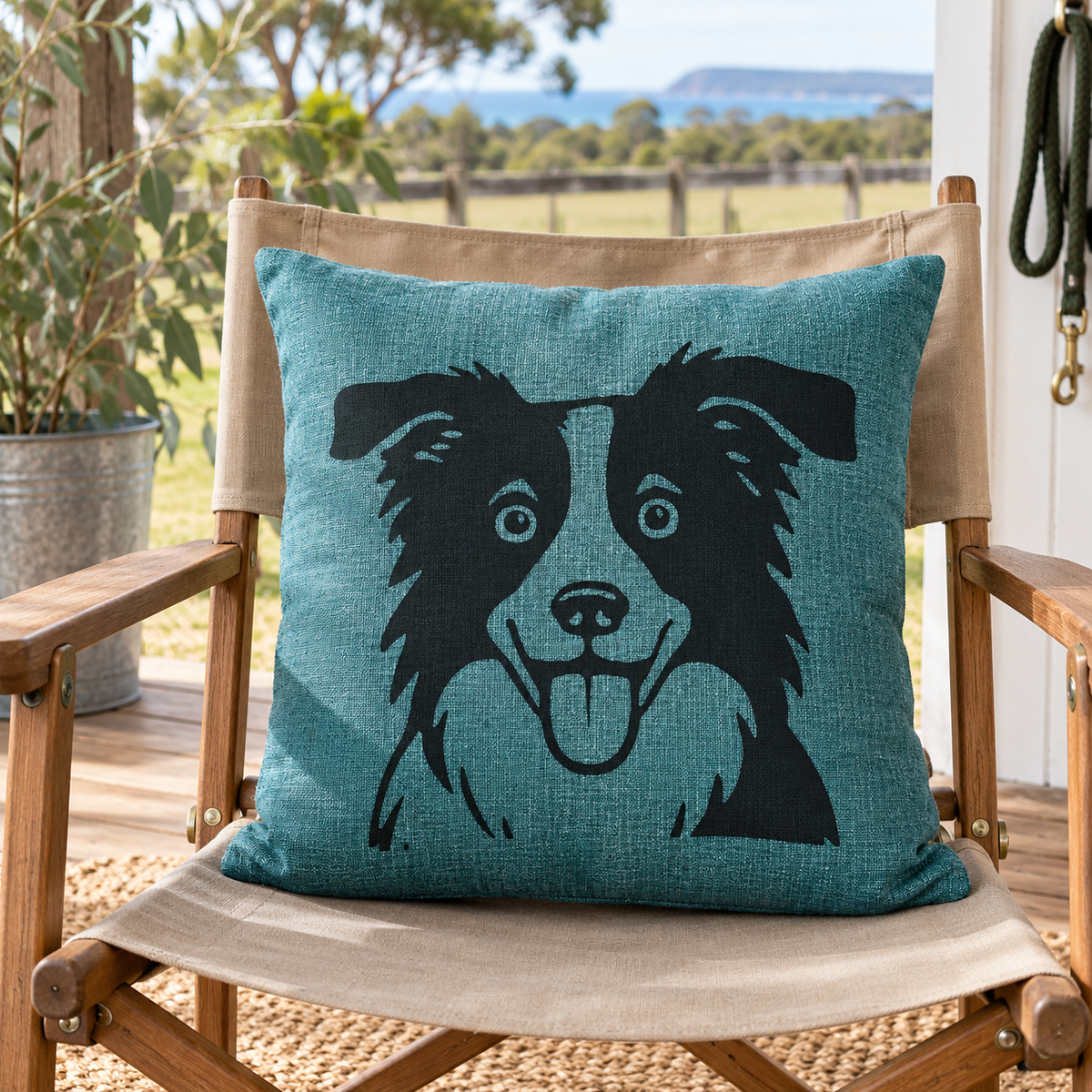 Teal Border Collie cushion cover on a canvas chair in an Australian coastal setting