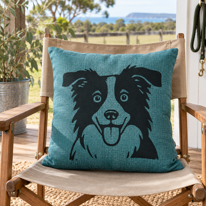 Teal Border Collie cushion cover on a canvas chair in an Australian coastal setting