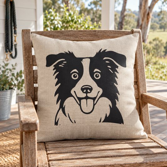 Natural linen-look Border Collie cushion cover displayed on a weathered timber chair