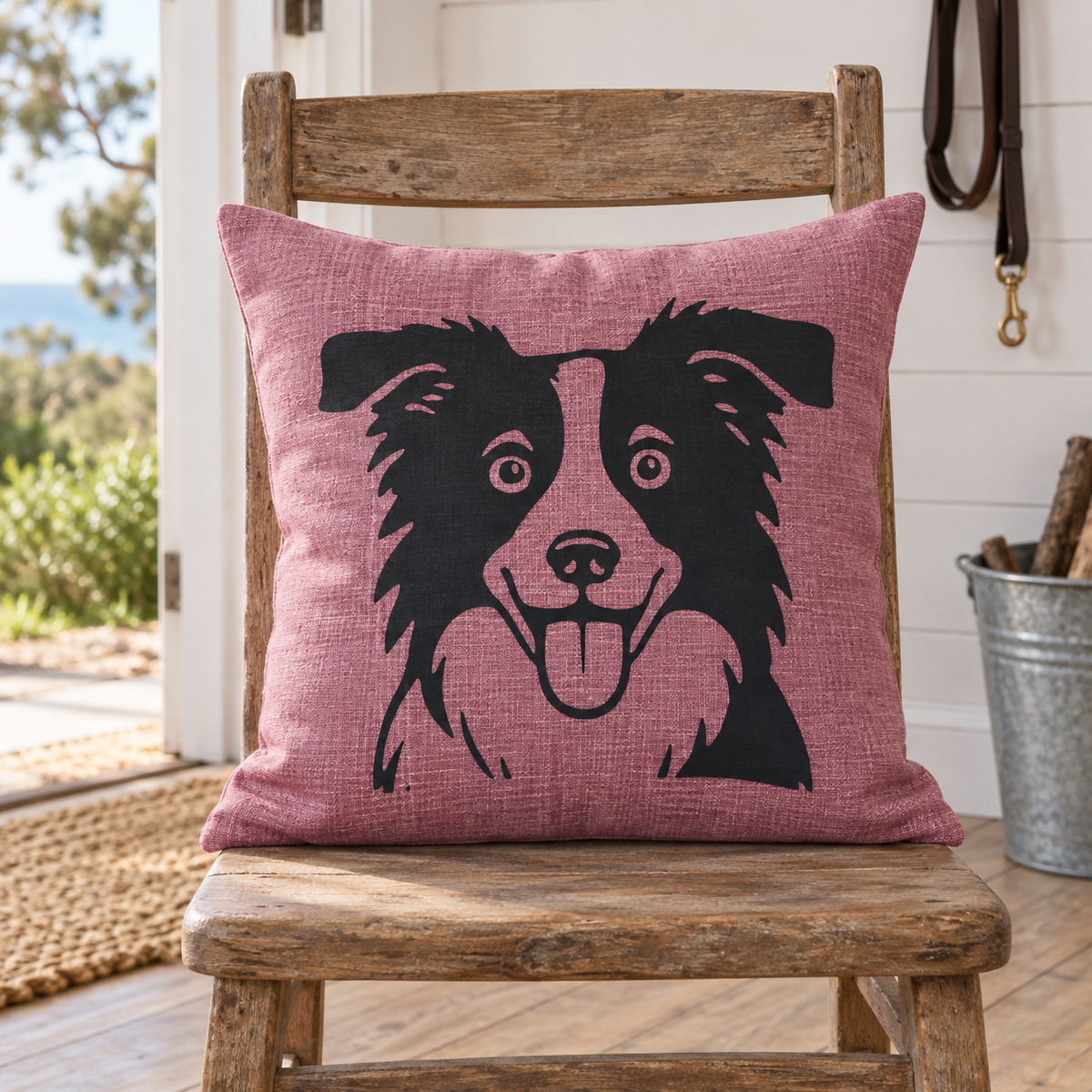 Pink Border Collie cushion cover with black breed design in a country-coastal home