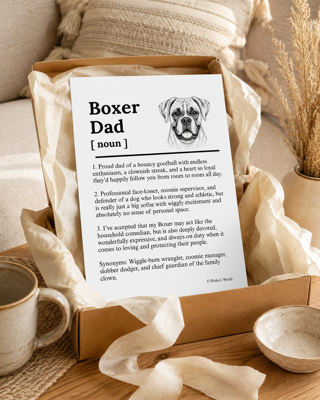 Boxer Dog Dad Dog Mum Definition print, digital download wall art for dog mums and dog dads Australia | Rieko's World