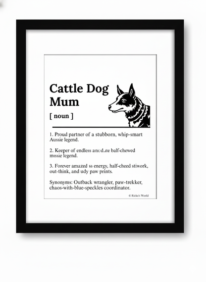 Cattle Dog Mum Definition print, framed wall art gift for dog mums Australia | Rieko's World