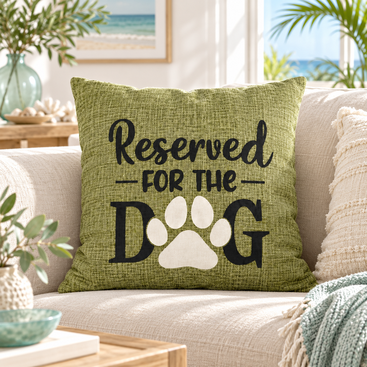 Close up of green cushion cover product image on white background with text Reserved for the Dog printed - gift in Australia made by Rieko's World.