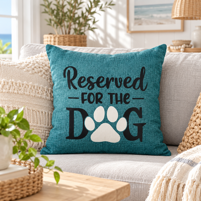 Coastal teal cushion reserved for the dog funny cushion quote on grey sofa in coastal boho chic living room