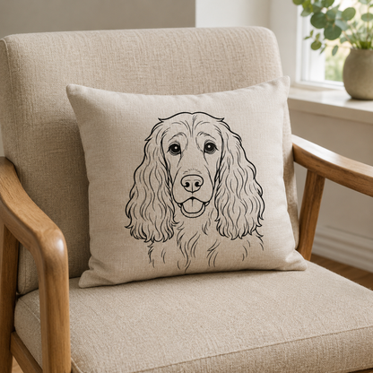 Cocker Spaniel cushion cover on beige cream chair in neutral styled room — Cocker Spaniel mum gift Australia by Rieko's World