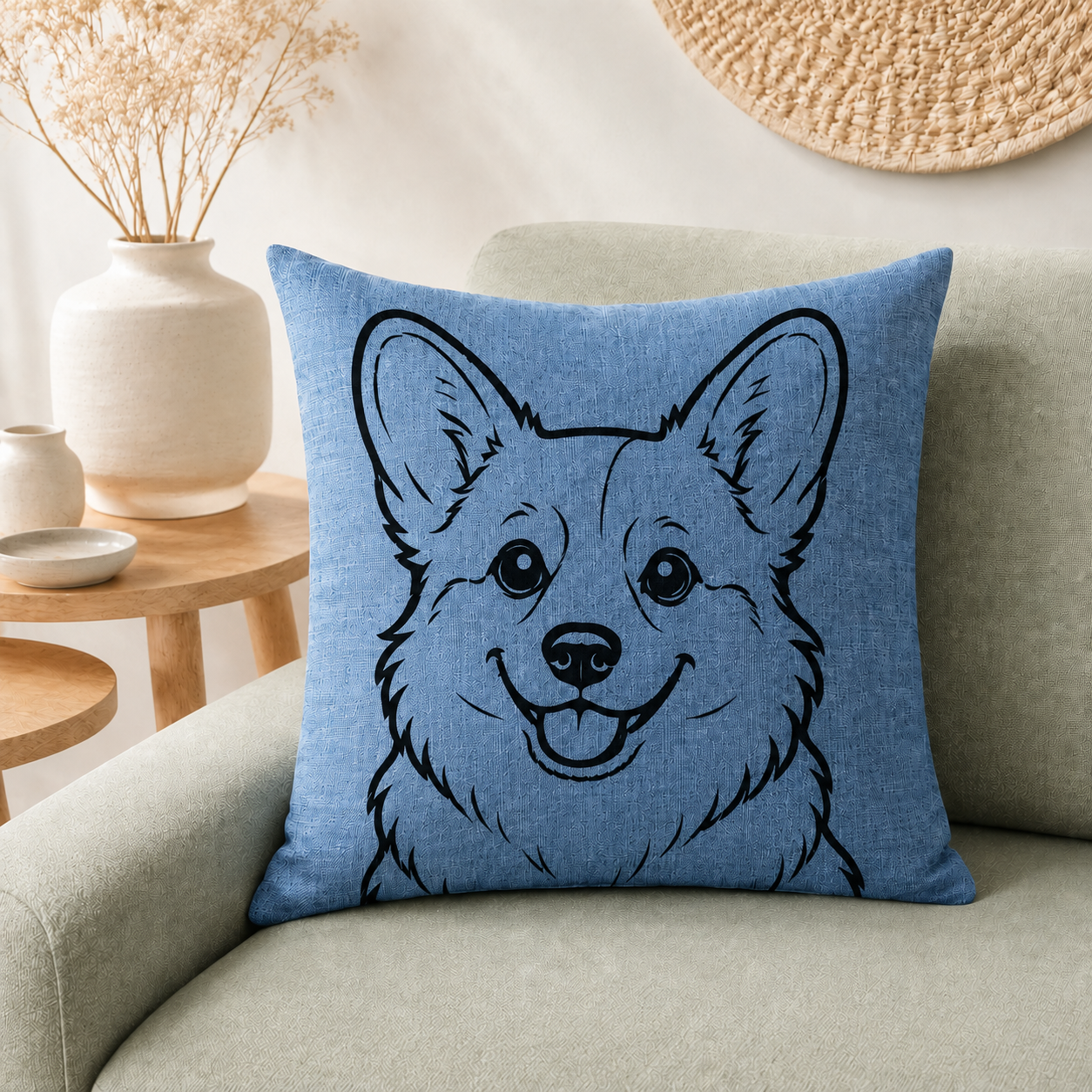 Corgi dog breed outline on blue linen cushion cover on beige sofa