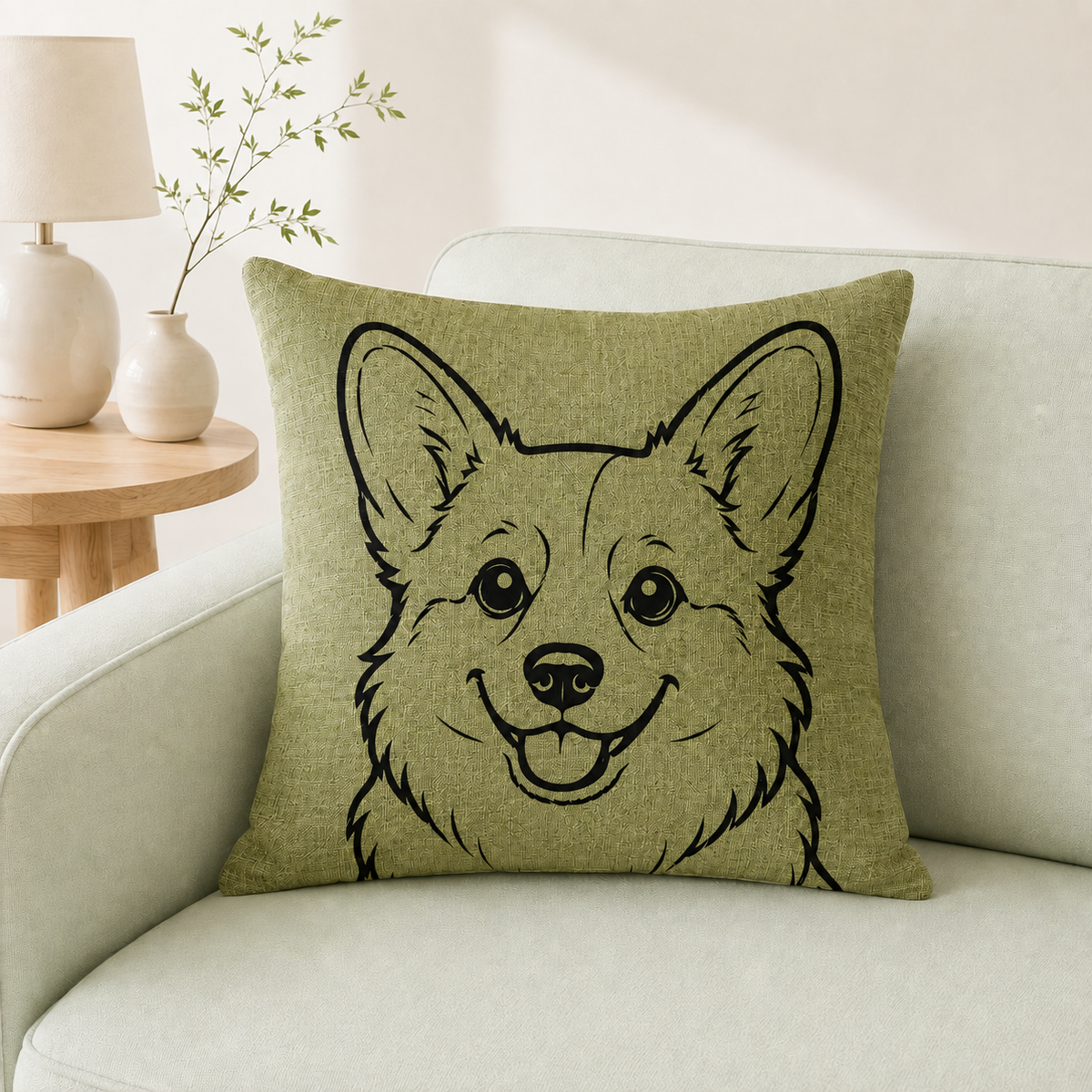 Corgi dog breed outline on green linen cushion cover on beige sofa
