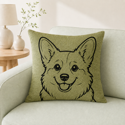 Corgi dog breed outline on green linen cushion cover on beige sofa