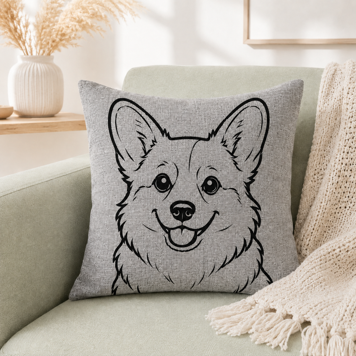 Corgi dog breed outline on grey linen cushion cover on beige sofa
