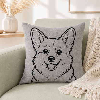 Corgi dog breed outline on grey linen cushion cover on beige sofa