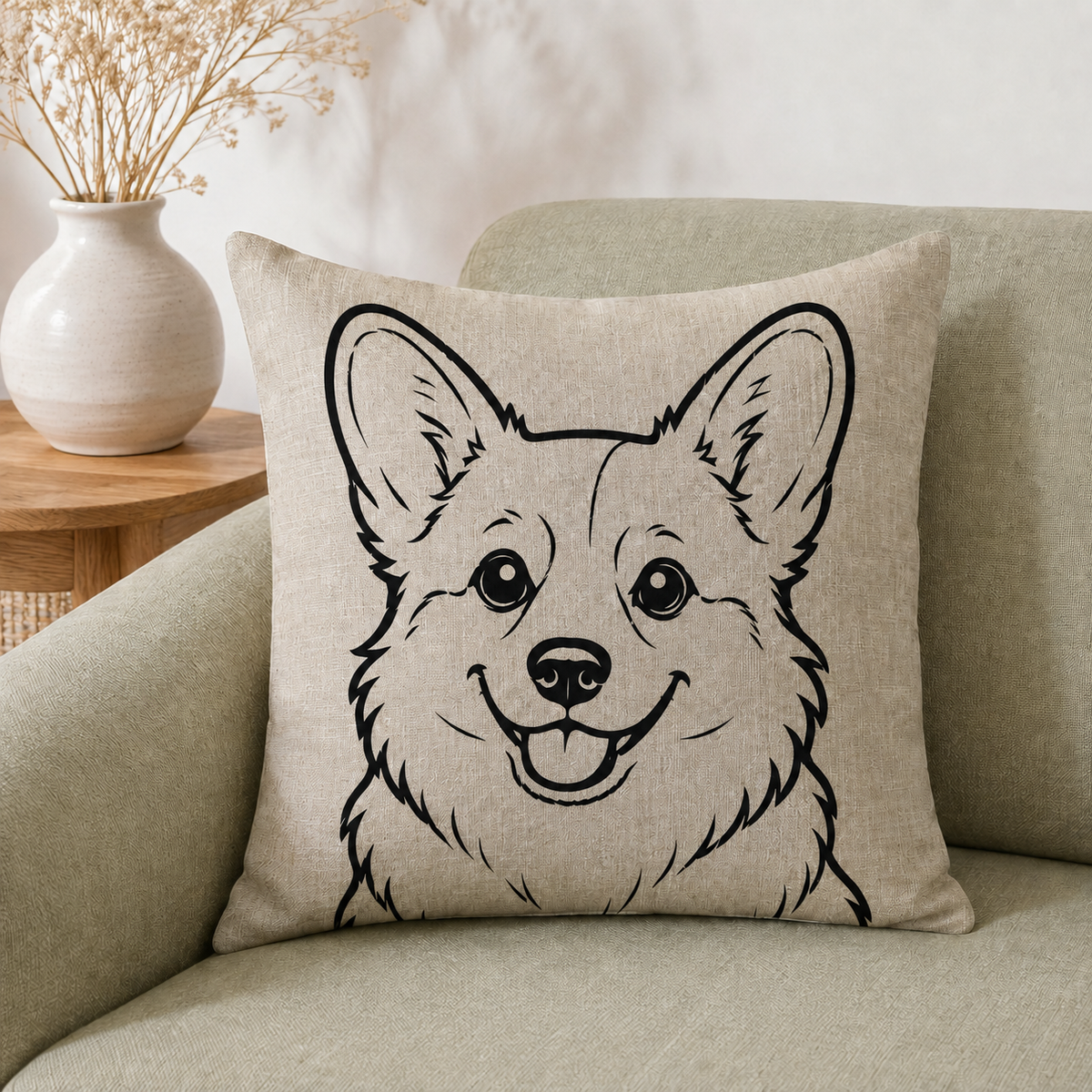 Corgi dog breed outline on natural linen cushion cover on beige sofa