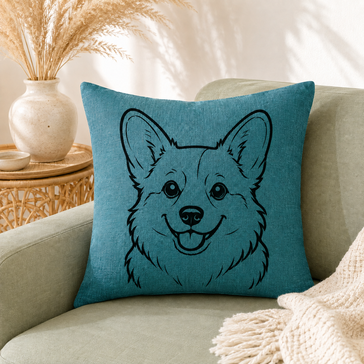 Corgi dog breed outline on teal linen cushion cover on beige sofa