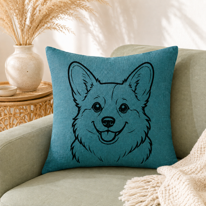Corgi dog breed outline on teal linen cushion cover on beige sofa