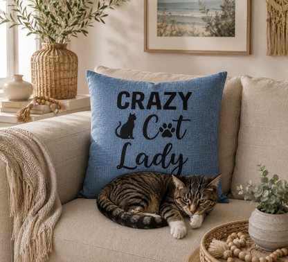 Blue Crazy Cat lady blue cushion styled on couch with cat sleeping, cat mum home decor Australia