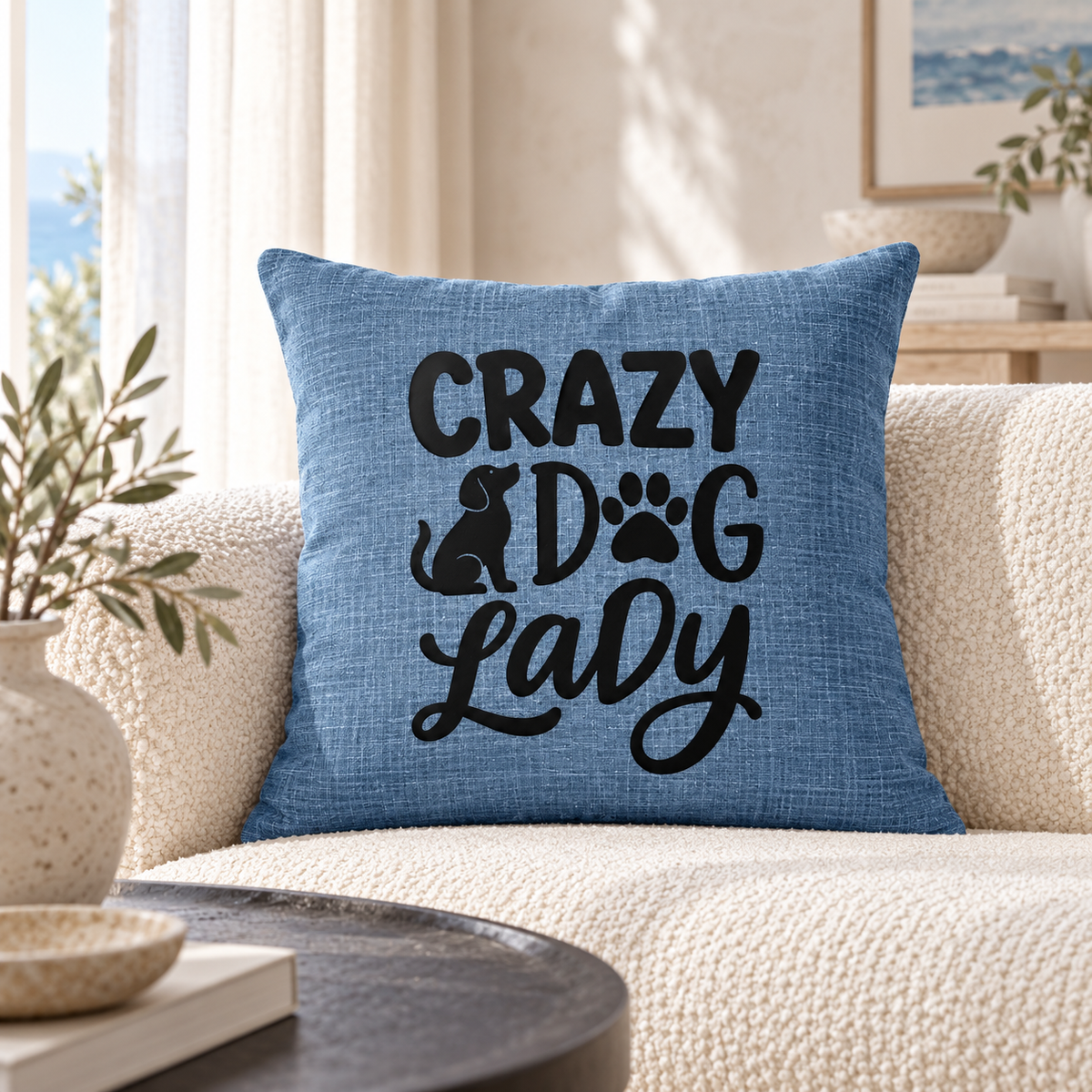 Crazy Dog Lady funny quote in black lettering on blue cushion on cream sofa