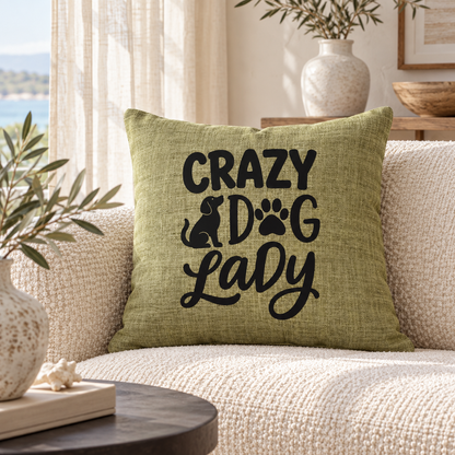 Crazy dog lady funny green cushion on cream sofa