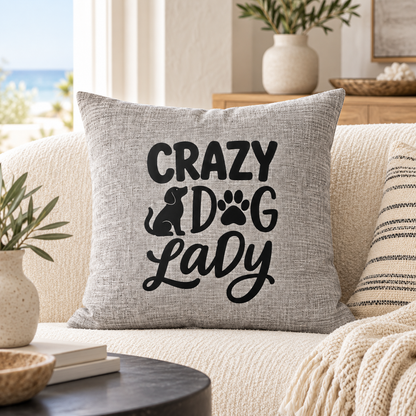 Crazy dog lady funny grey cushion on cream sofa