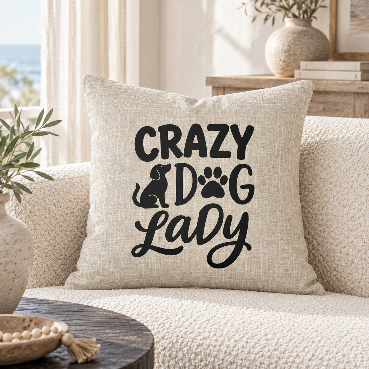 Crazy dog lady funny cushion on cream sofa