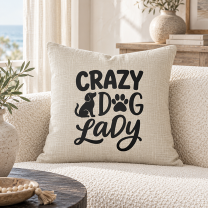 Crazy dog lady funny cushion on cream sofa