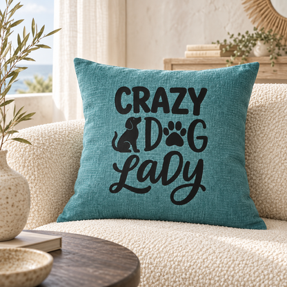 Crazy dog lady funny teal cushion on cream sofa