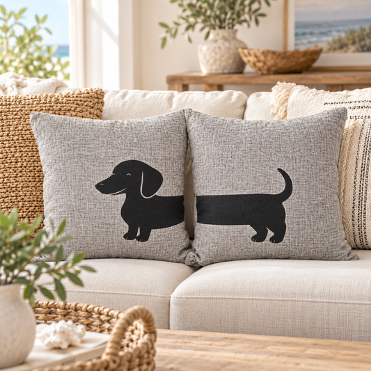 Dachshund pair cushion cover on grey linen cushion on coastal sofa with textured pillows behind