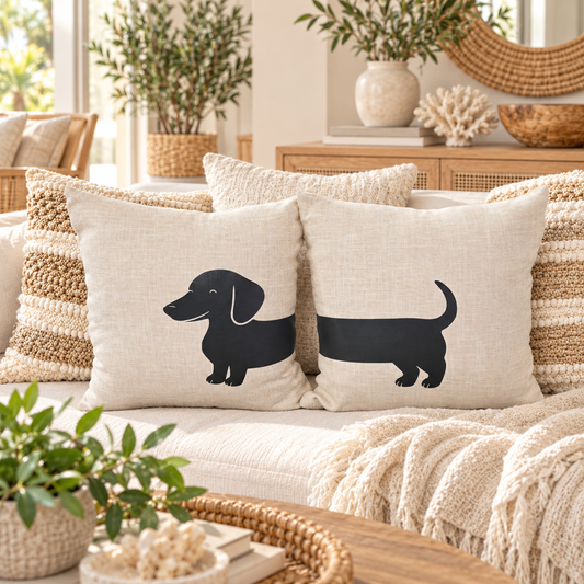 Dachshund pair cushion cover on natural linen cushion on coastal sofa with textured pillows behind