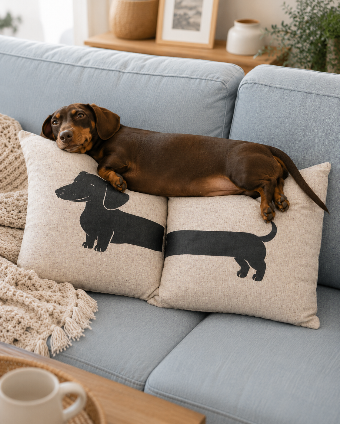 Chocolate dachshund dog laying on natural linen sausage dog split cushion cover set on blue sofa — dachshund lover gift Australia by Rieko's World