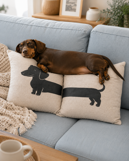 Chocolate dachshund dog laying on natural linen sausage dog split cushion cover set on blue sofa — dachshund lover gift Australia by Rieko's World